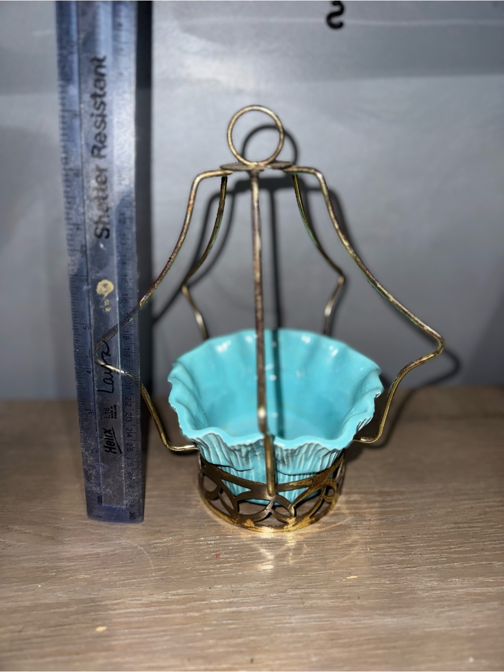 Vintage MCM Miramar of California turquoise fluted bowl atomic gold wire cage